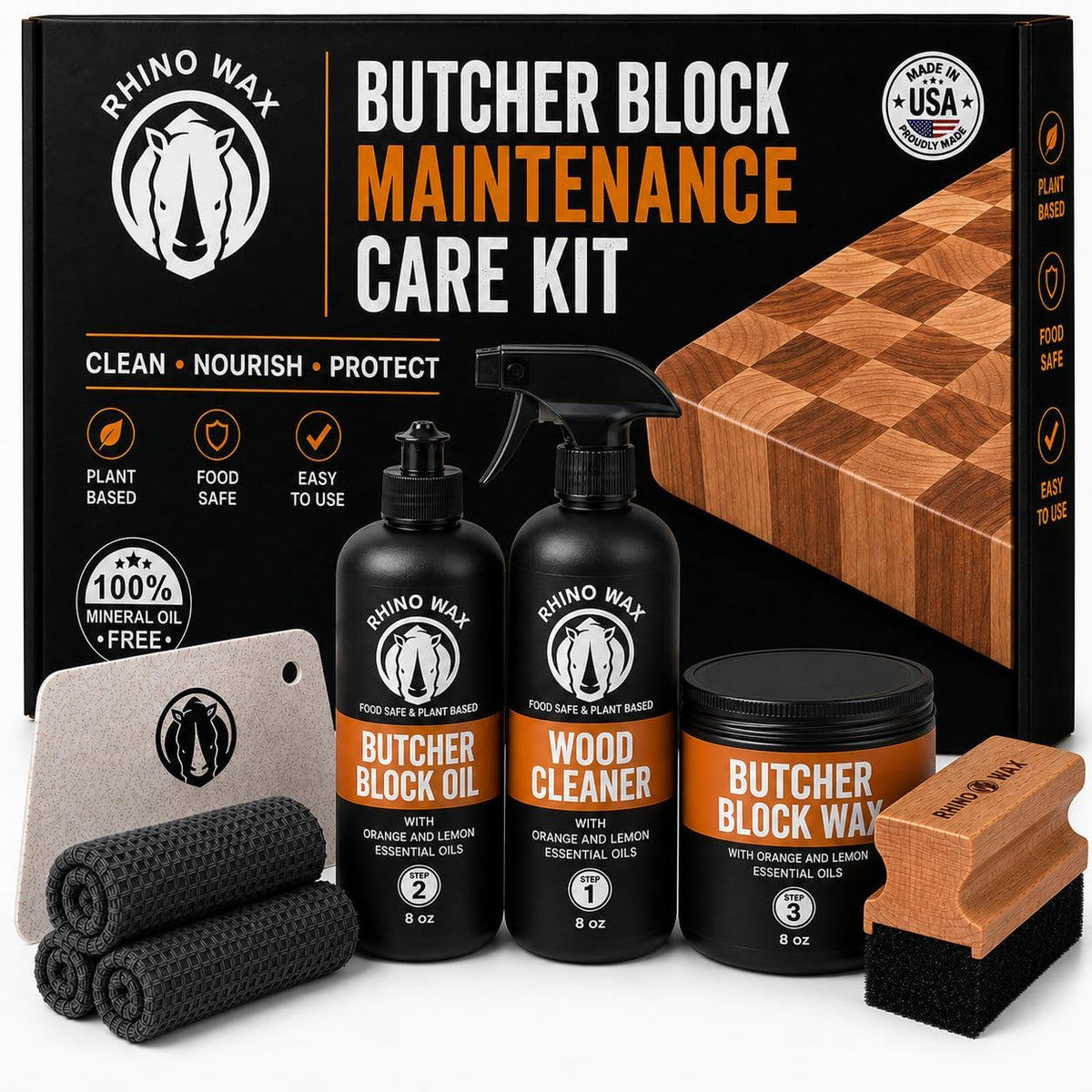 Rhino Wax Butcher Block Ultimate Kit with Cleaner