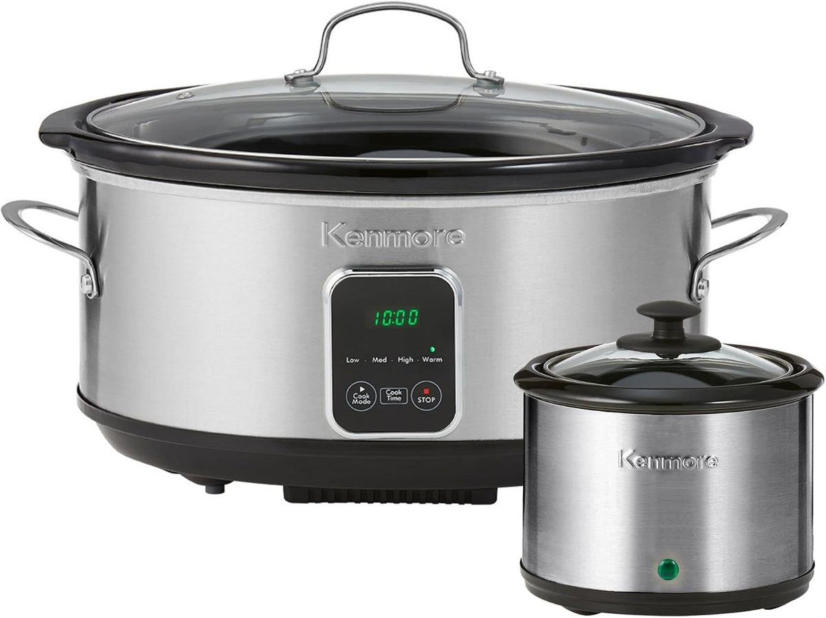 Kenmore Programmable 7 qt (6.6L) Slow Cooker with Dipper Sauce-Warmer, Black and Silver, Stainless Steel, Digital Display, One-Touch Controls, Braise, Simmer, Sous Vide, Stew, Soup, Chili, Curry