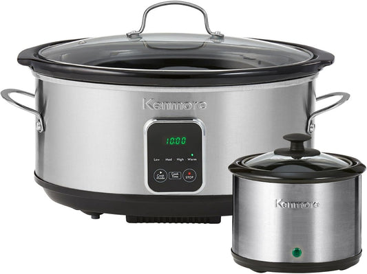 Kenmore Programmable 7 qt (6.6L) Slow Cooker with Dipper Sauce-Warmer, Black and Silver, Stainless Steel, Digital Display, One-Touch Controls, Braise, Simmer, Sous Vide, Stew, Soup, Chili, Curry