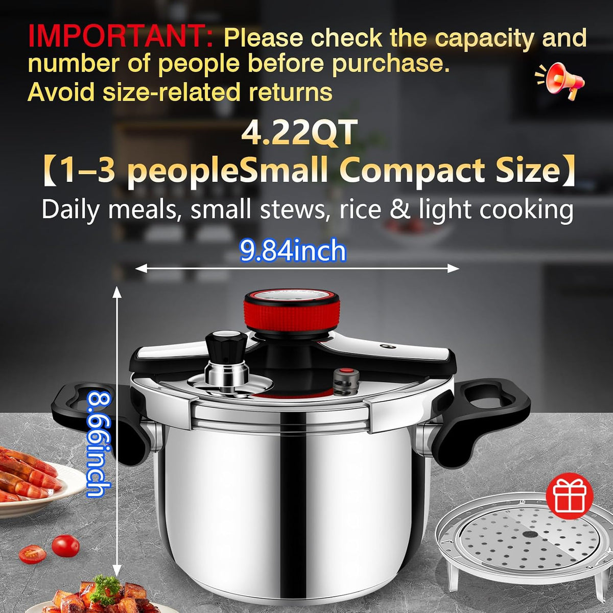 6.3 QT Pressure Cooker, 304 Stainless Steel - Explosion-Proof Lock, One Hand Operation, Fast Cooking, Dishwasher Safe & Induction Compatible, Family Size Cookware