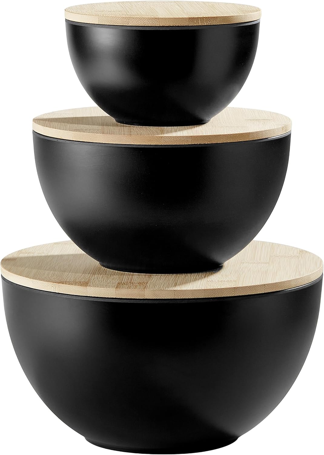 JOYMAY Salad Bowl with Lid, Mixing Bowl Salad Bowl Set, Natural Bamboo Fiber Serving Bowl Set of 3 with Bamboo Wood Lid, Nesting Bowls for Salads,Pastas(Black,10",8",6")