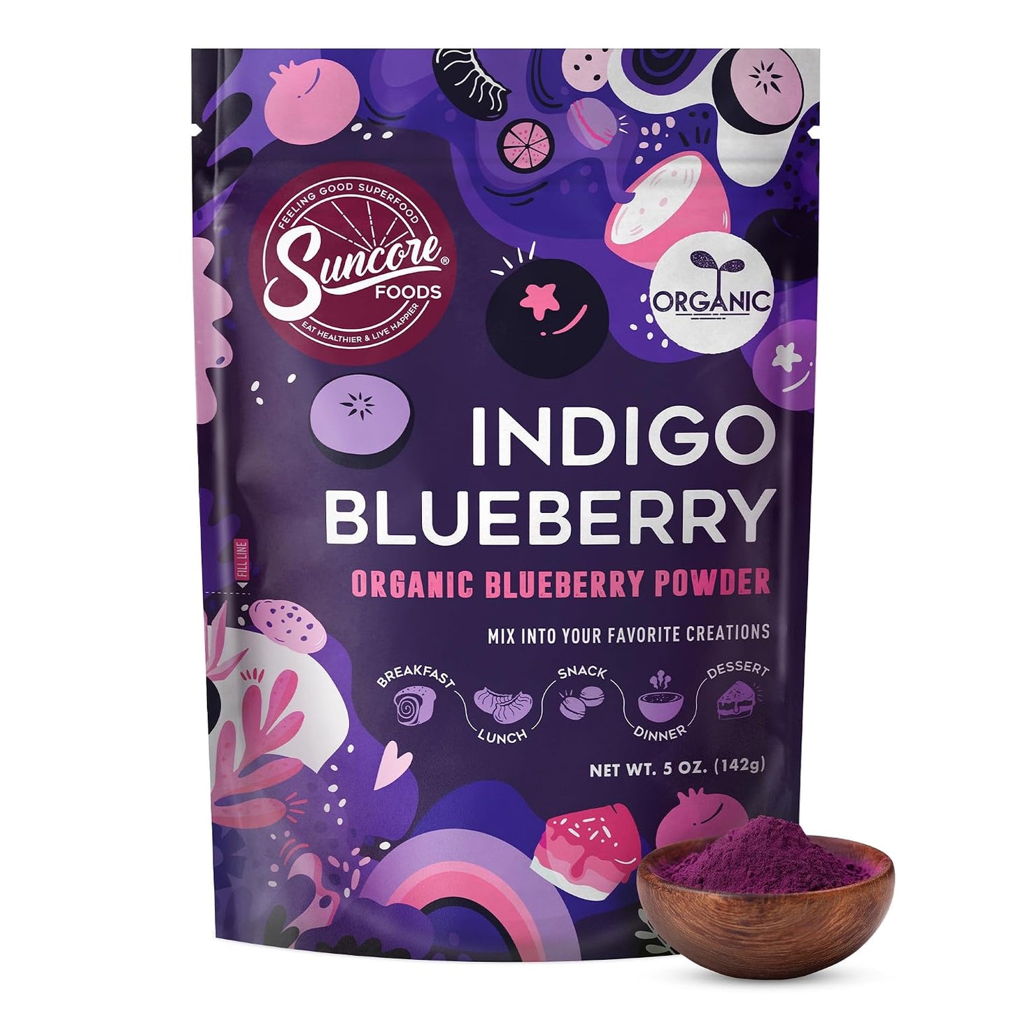 Suncore Foods Organic Indigo Blueberry Powder 5oz | Gluten Free | Vegan | Natural Purple Food Coloring, Single Ingredient Superfood, For Baking, Desserts, Smoothies, Drinks, Non-GMO, Resealable Pouch