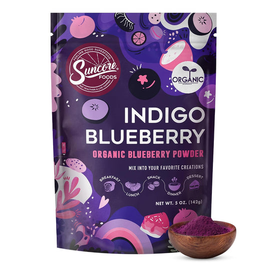 Suncore Foods Organic Indigo Blueberry Powder 5oz | Gluten Free | Vegan | Natural Purple Food Coloring, Single Ingredient Superfood, For Baking, Desserts, Smoothies, Drinks, Non-GMO, Resealable Pouch