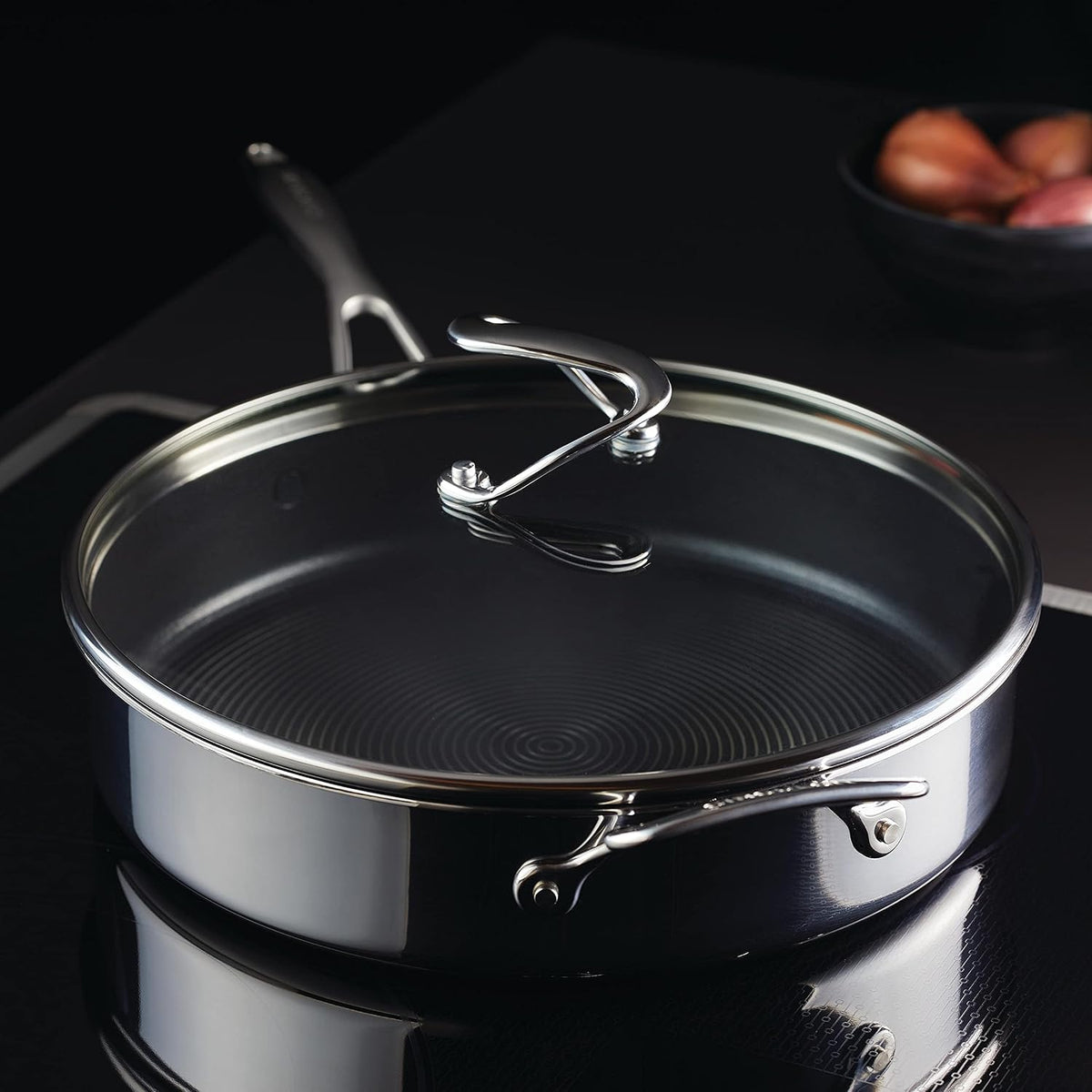 Circulon Clad Stainless Steel Saute Pan with Lid and Hybrid SteelShield and Nonstick Technology, 5 Quart - Silver