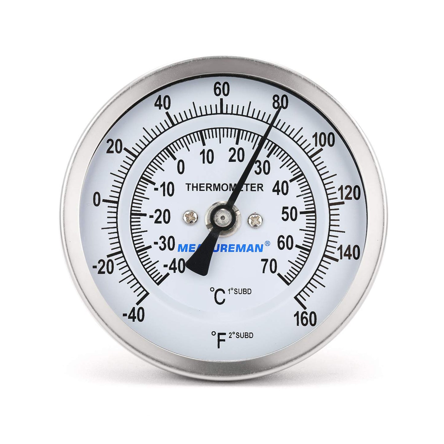 MEASUREMAN Fully Stainless Steel Pot, Kettle, Brewing Bimetal Dial Thermometer, 3" Dial, 2-1/2" Stem, -40-160 deg F/-40-70 deg C, -1% Accuracy, Adjustable, 1/2" NPT Back Mount
