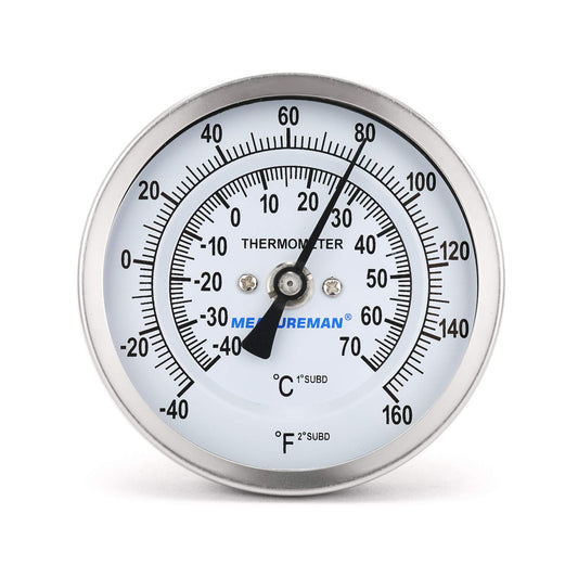 MEASUREMAN Fully Stainless Steel Pot, Kettle, Brewing Bimetal Dial Thermometer, 3" Dial, 2-1/2" Stem, -40-160 deg F/-40-70