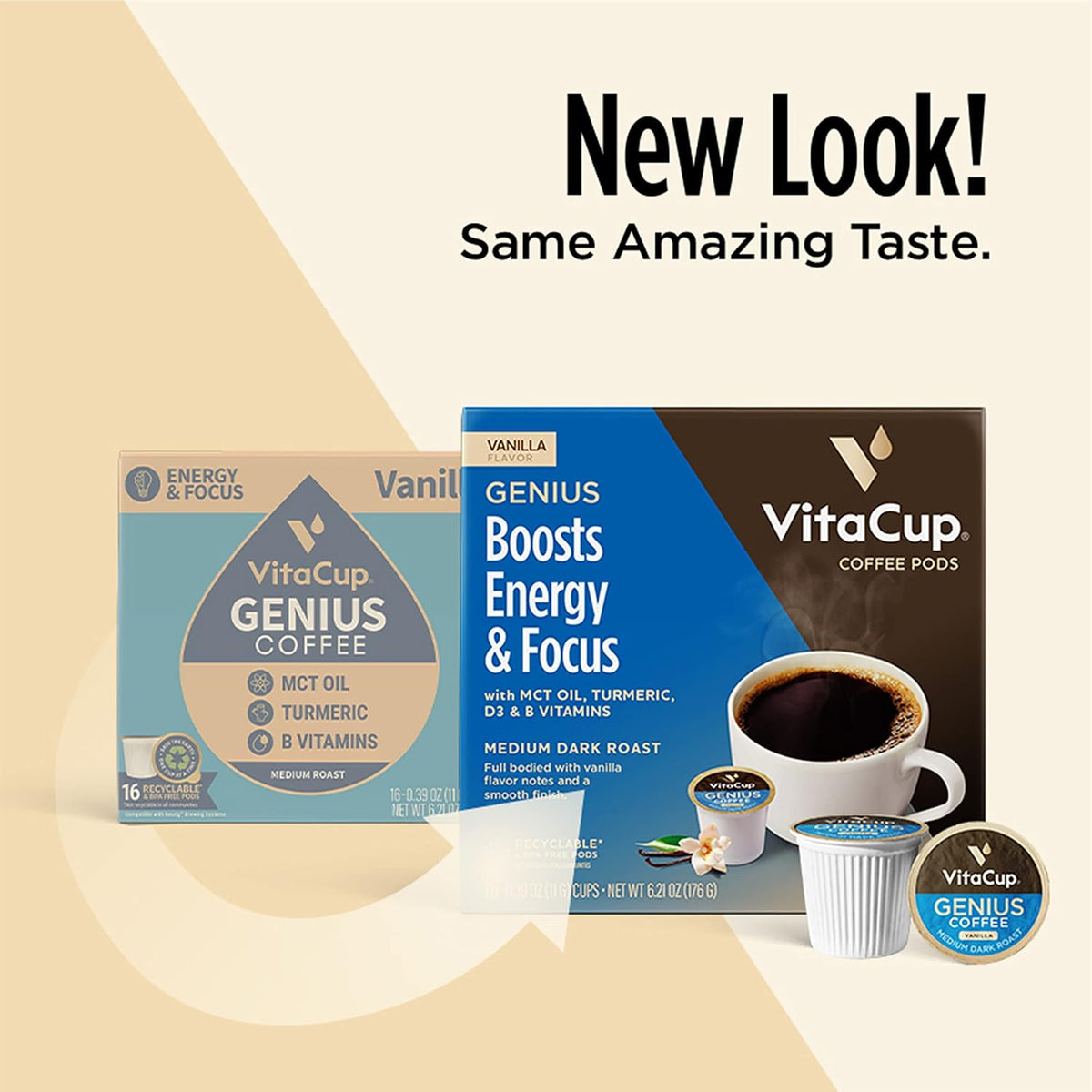 VitaCup Genius Vanilla Keto Coffee Pods with MCT Oil, 32ct | B Vitamins, D3, Turmeric