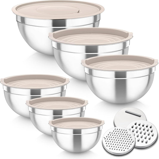 TeamFar Mixing Bowls, 6PCS Stainless Steel Nesting Mixing Salad Bowl with Lids & 3 Grater Attachments, for Food Cooking