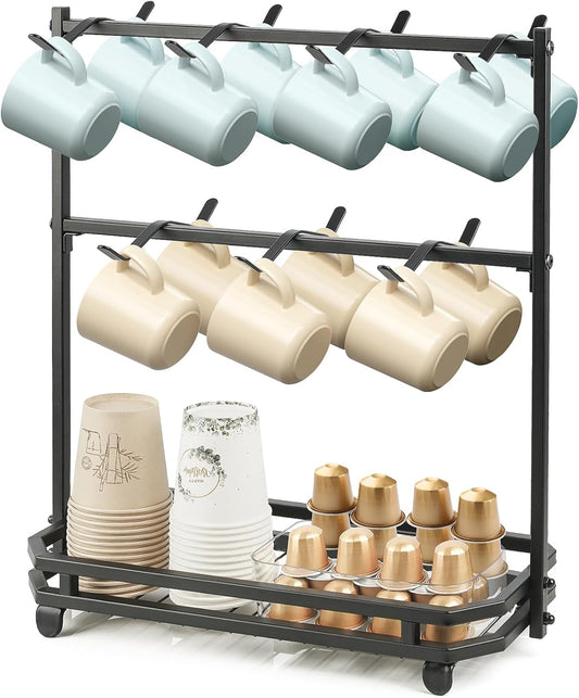 Coffee Mug Holder for Countertop, Coffee Cup Holder Rack with 14 Hooks, Metal Mug Tree Stand with Storage Base for K Cup