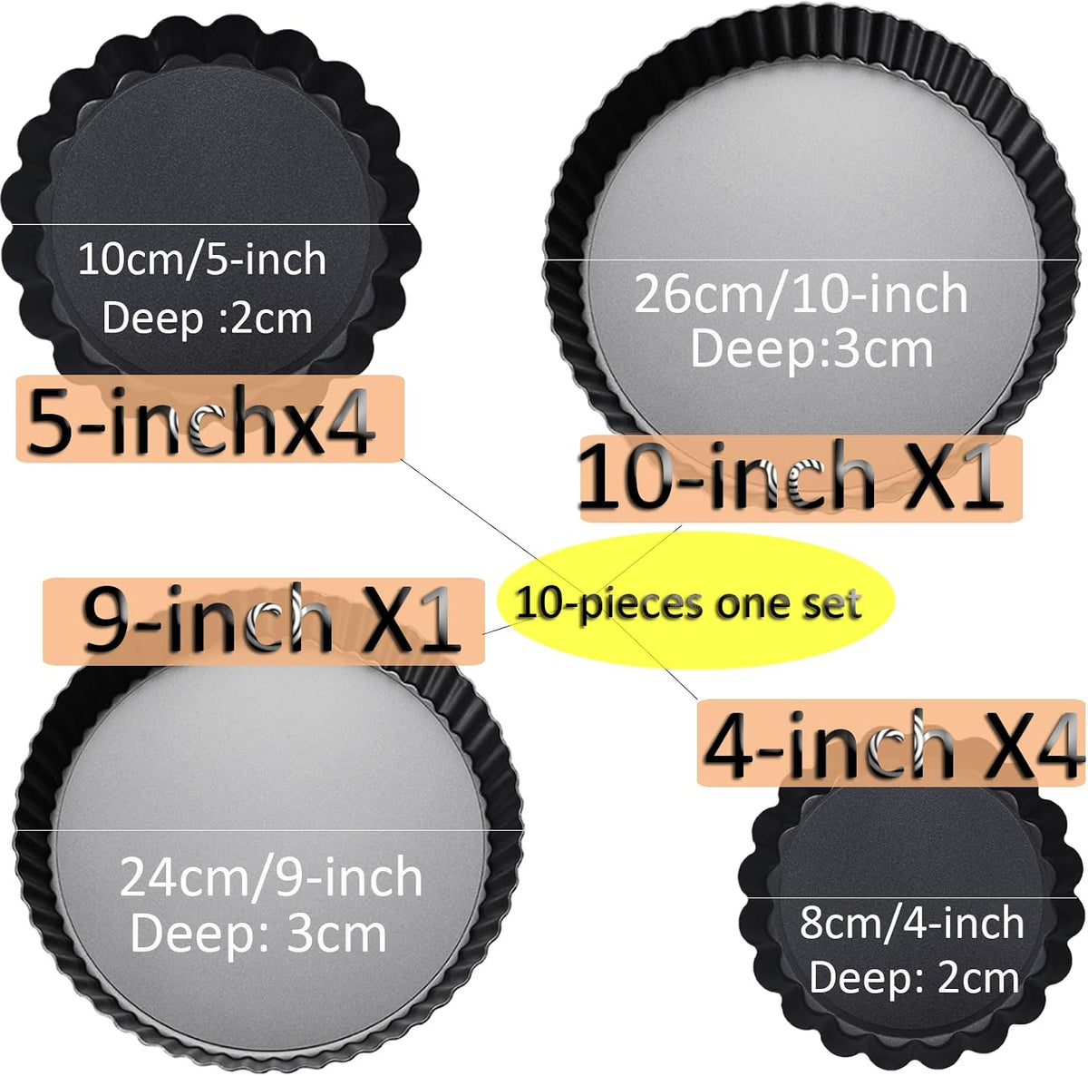 Tart Pan Set, 10 &amp; 9 Inch Tart Pans with 5 &amp; 4 Inch Mini Tart Pans Removable Bottom, Quiche Pan Carbon Steel Heavy Duty Nonstick Pie Pan- Fluted Edges for Baking Fruit Tartets, Pastries