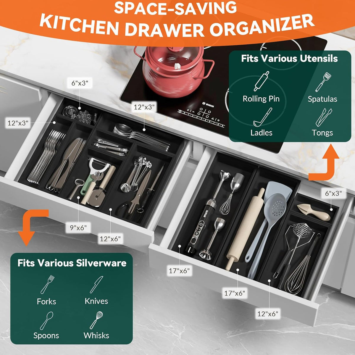 Lixple Bamboo Kitchen Drawer Organizer, 2 Pack, 9" x 3" x 2", Black