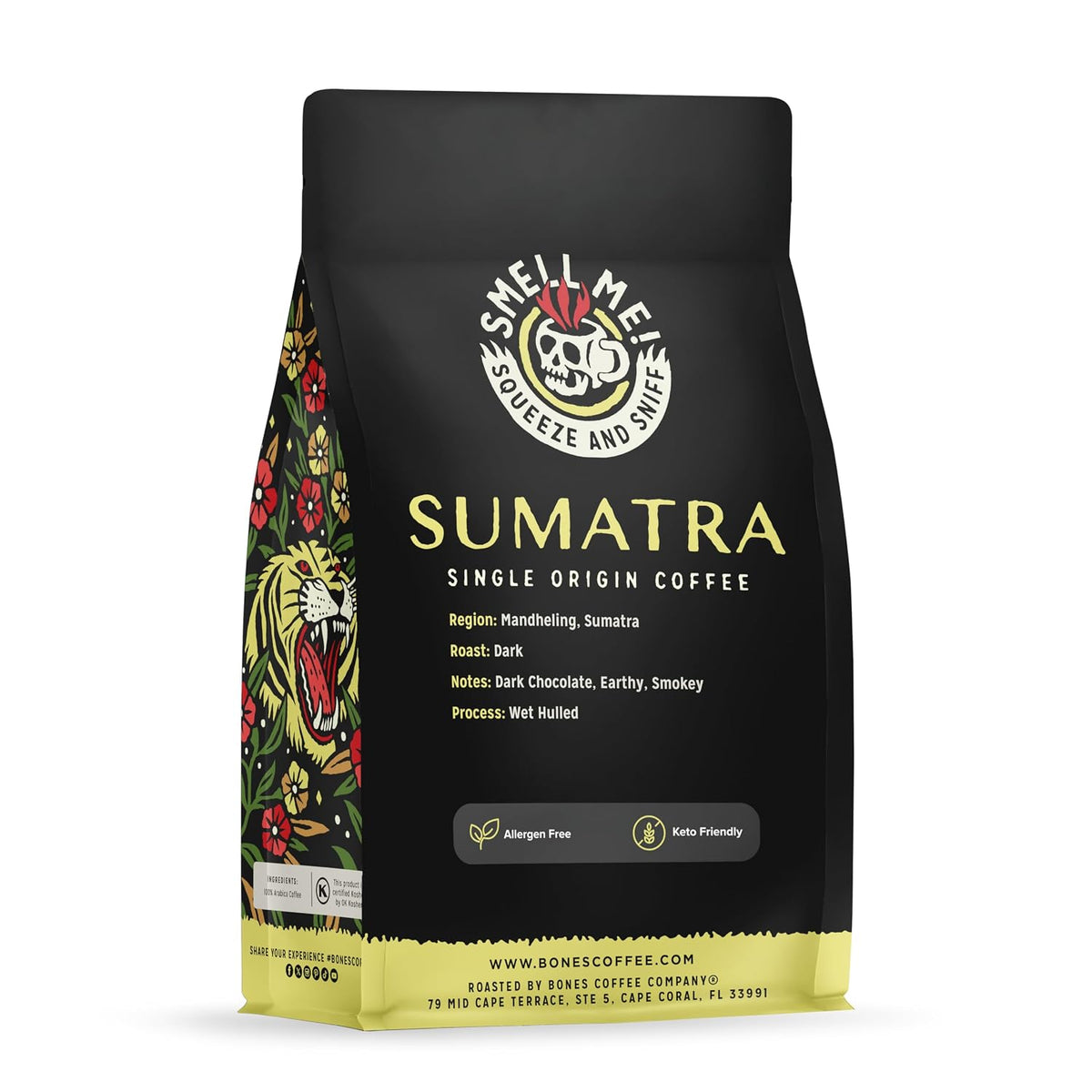 Bones Coffee Company Sumatra Single-Origin, Dark Chocolate, Smoky Earthy Notes, Whole Coffee Beans, Low Acid Darl Roast Arabica Beans Flavored Coffee, 12 oz Whole Bean