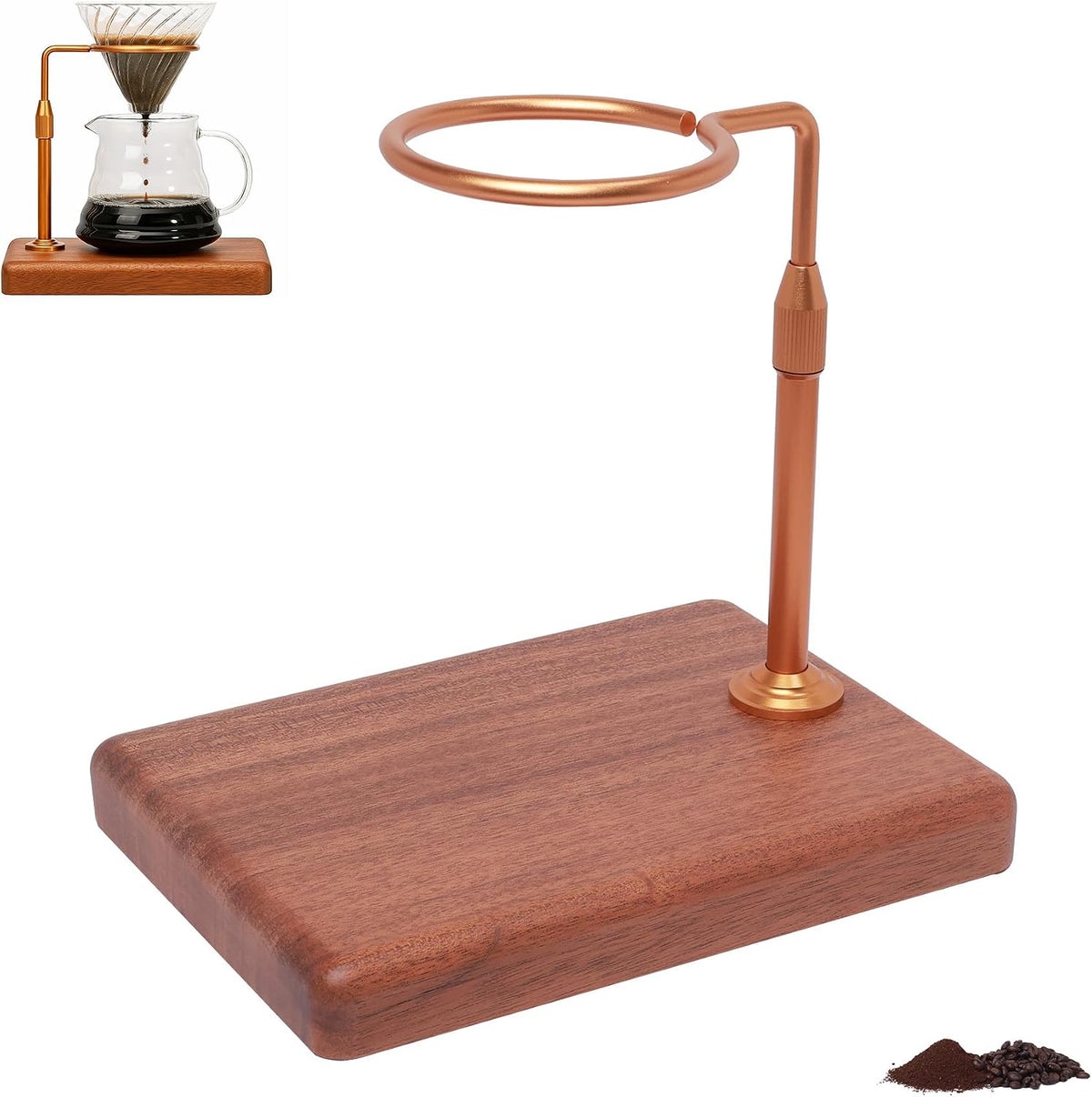 Pour Over Coffee Maker with Adjustable Stand &amp; Wooden Base, Dripper Stand for Manual Coffee Brewing, Coffee Filter Holder, Tea Strainer Stand for Home, Café, Restaurant, Camping, Golden