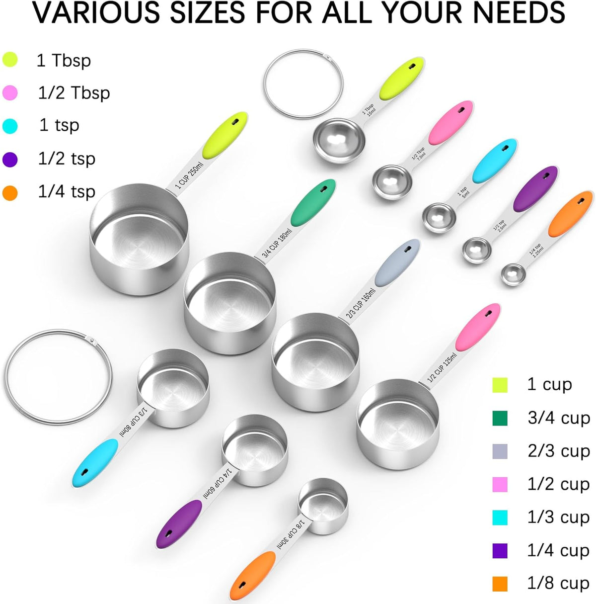 TILUCK Measuring Cups and Spoons Set, Stainless Steel, Kitchen Utensils for Cooking and Baking (12, Colorful)