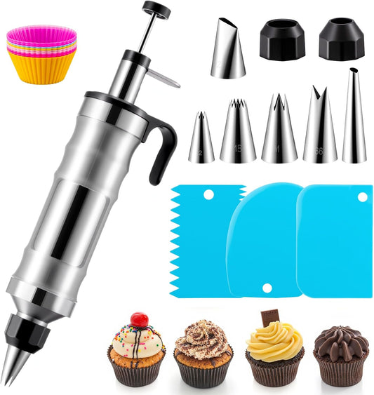 Dessert Decorating Syringe Set, Stainless Steel Frosting & Icing Piping Kit with 6 Tips and 9 Silicone Cupcakes,3 Cream