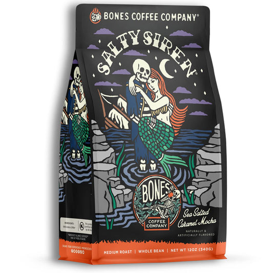 Bones Coffee Company Salty Siren, Sea Saled Caramel Chocolate Flavored Coffee, Medium Roast Low Acid Arabica Beans