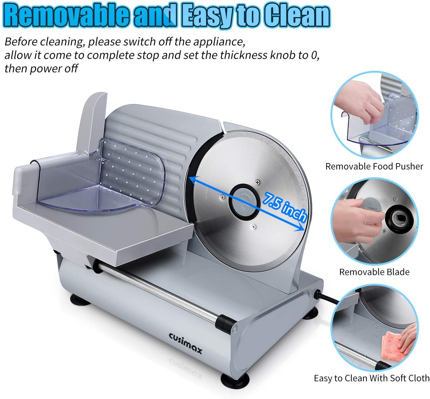 Meat Slicer, CUSIMAX Electric Deli Food Slicer with Two 7.5'Removable Stainless Steel Blades and Pusher, Cheese Fruit Vegetable Bread Cutter, Adjustable Knob for Thickness, Food Carriage