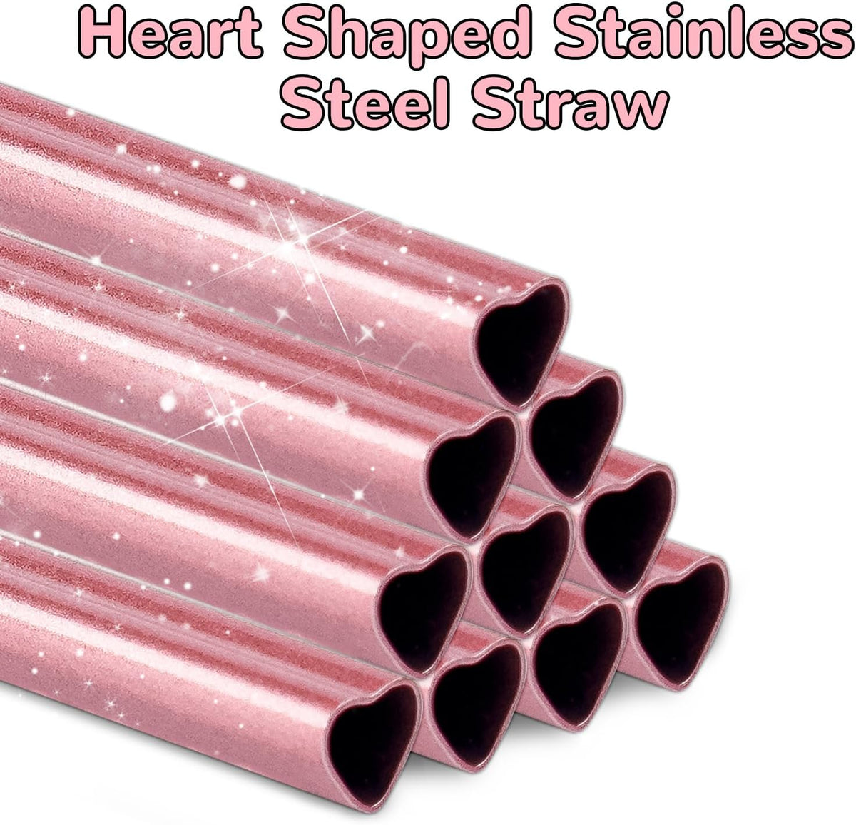 NiHome 12” Heart-Shaped Stainless Steel Straws Fit for Stanley Tumbler 40oz | 10-Pack Metal Straws with 2 Brushes for Holiday, Valentine’s Day, Reusable Drinking for Smoothie Milkshake (Pearl Pink)