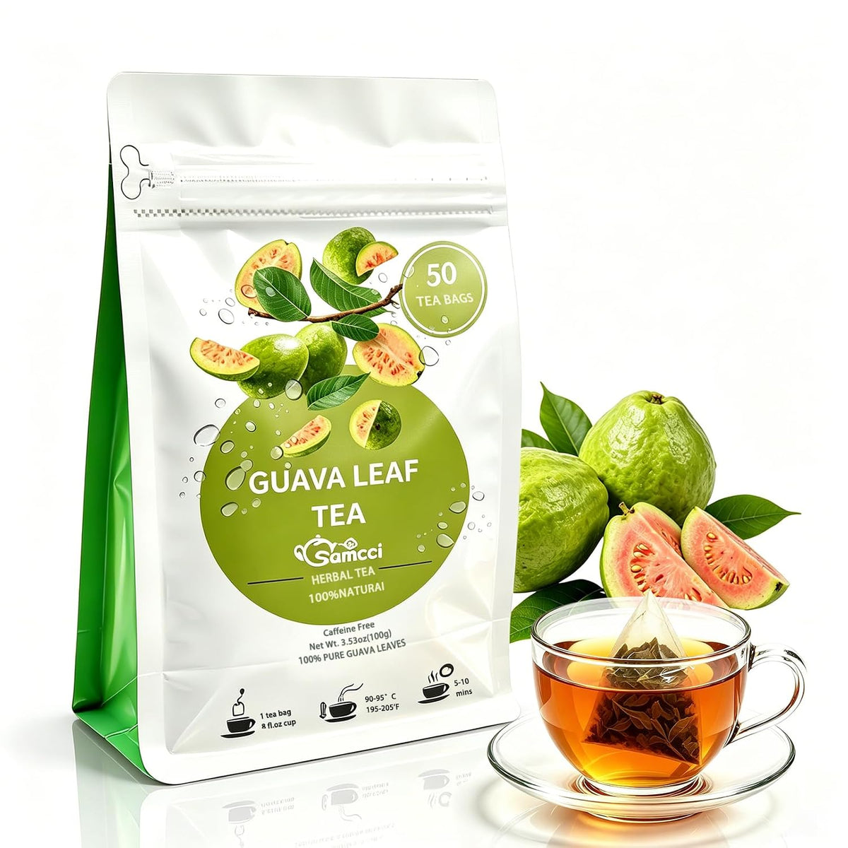 Samcci Guava Leaves Tea Bags, 50 Counts, Hojas De Guayaba, Pure Guava Leaf | Immune Support - Digestion &amp; Relaxation - Non-GMO - Caffeine-free, Resealable Pouch