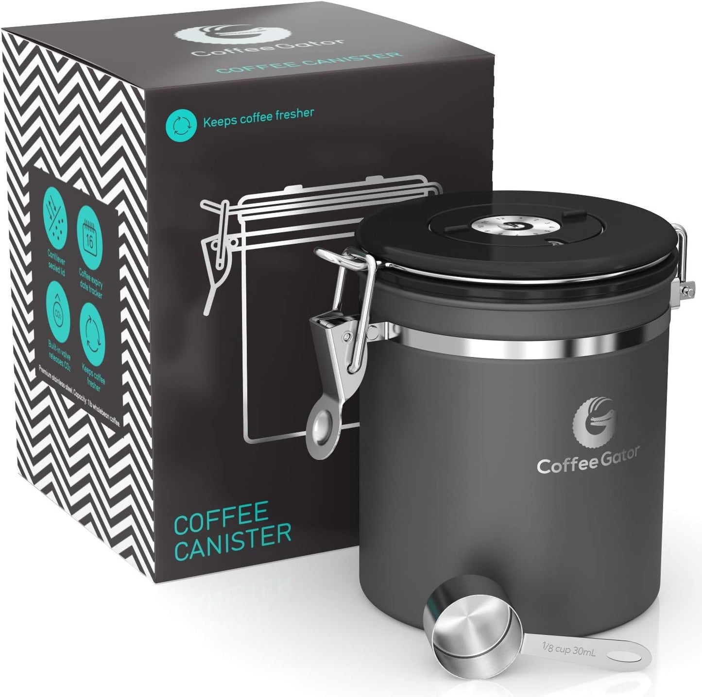 Coffee Gator Coffee Canister, 16oz Airtight Containers &amp; Travel Jar | w/ Date Tracker, Scoop, Valve Kitchen Food Storage Jars for Beans, Ground, Rice, Tea, Sugar, Cookie, Bar Accessories, Gray