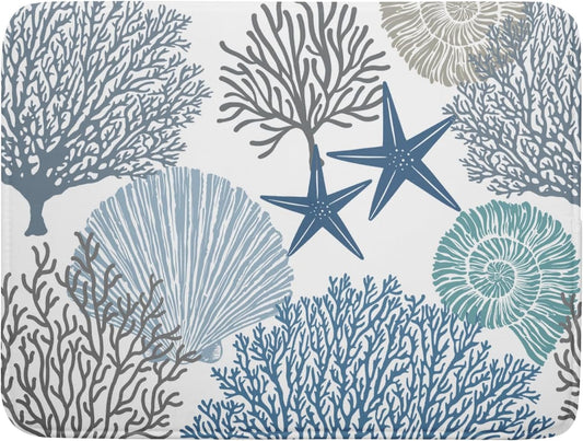 Summer Coastal Dish Drying Mats for Kitchen Counter 16x18 Inch Sea Shells Starfish Drying Mat High Absorbent Reversible
