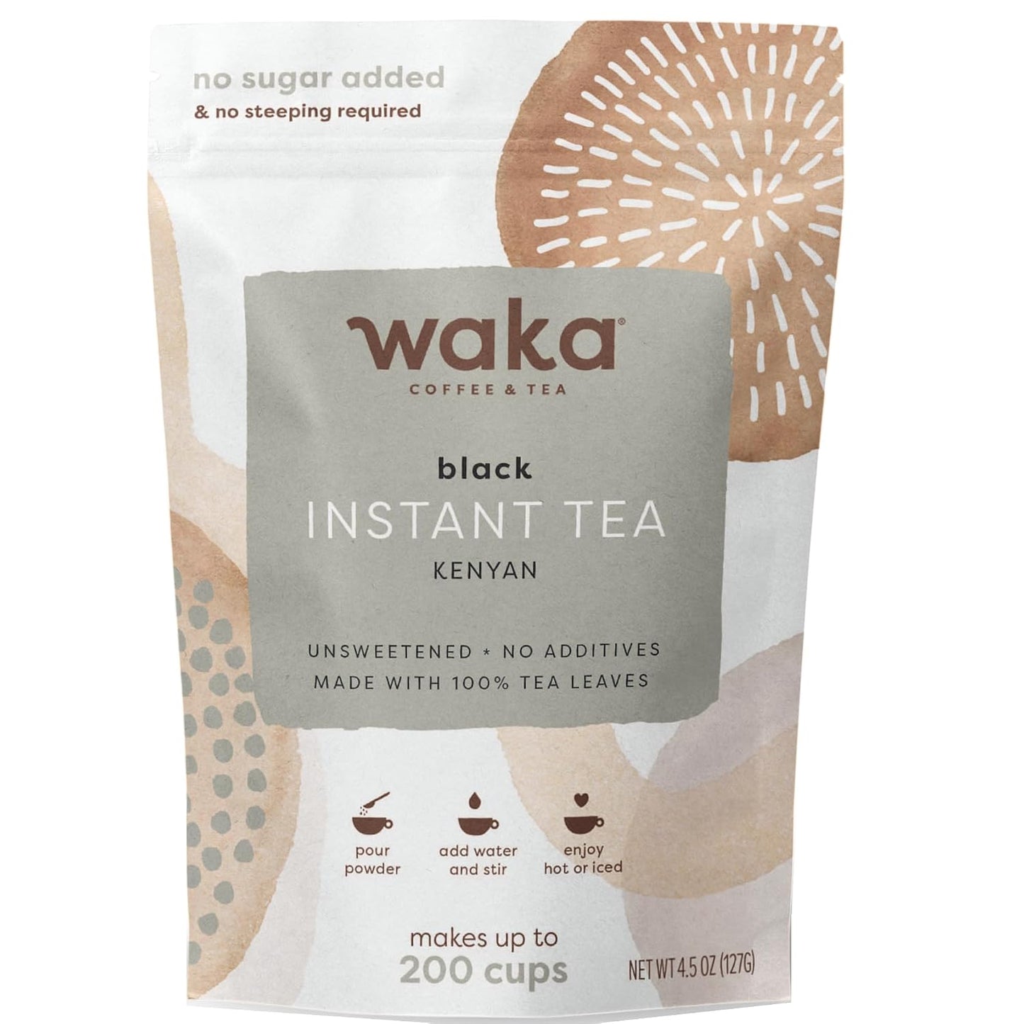 Waka Instant Black Tea Mix, Kenyan - 100% Tea Leaves, No Additives, Unsweetened Tea Powder for 50 Quarts or 200 Cups – Easy and Quick Hot or Iced Teas (4.5oz) | 100% Single-Origin Kenyan Tea Leaves, Unsweetened Concentrated Black Tea Powder, Makes up to 2
