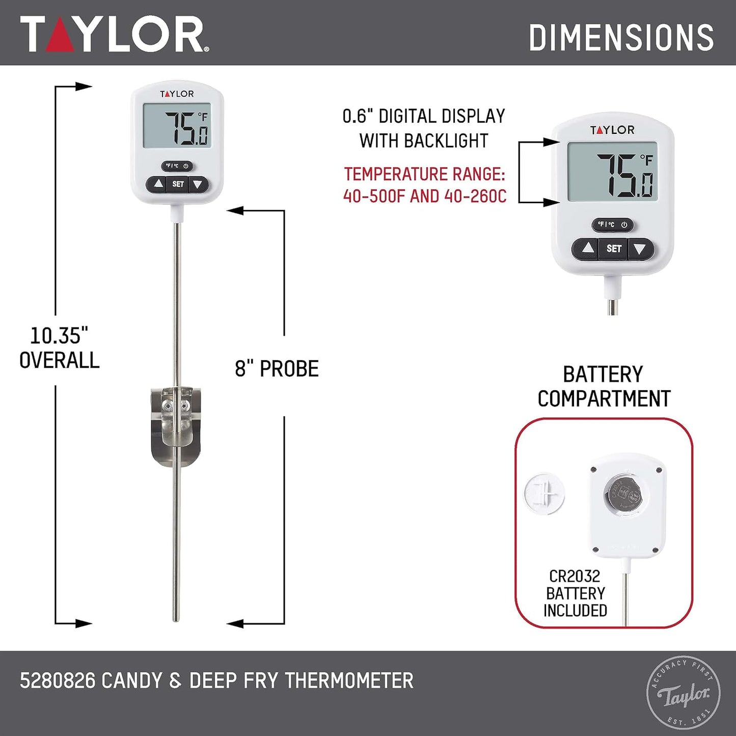 Taylor Programmable Digital Candy and Deep Fry Thermometer with Green Light Alert Display &amp; Stainless Steel Candy Deep Fry Food Cooking Kitchen Analog Thermometer, 12 Inches