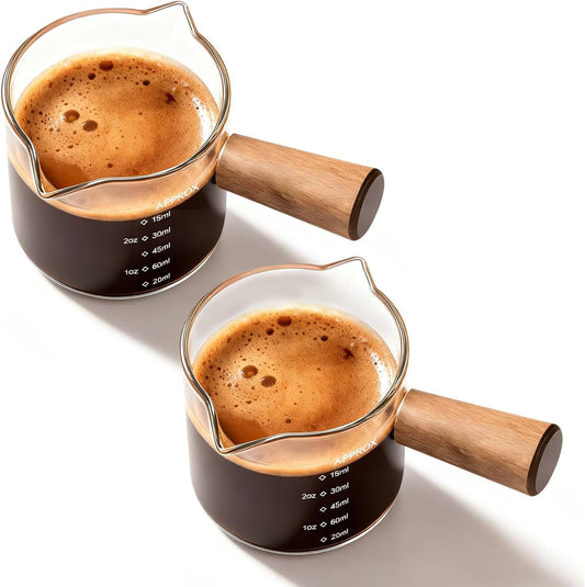 YARRAMATE 3oz Espresso Cups with Wood Handle (2 pack), Clear Glass Espresso Accessories, Double Spout Glass Measuring Cup