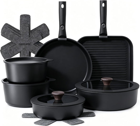 SENSARTE 17 Piece Pots and Pans Set, Nonstick Detachable Handle Cookware Set, Induction Kitchen Cookware Set with Removable Handle, Healthy Non Stick for RV, Dishwasher ＆ Oven Safe, PFOA Free (Black)