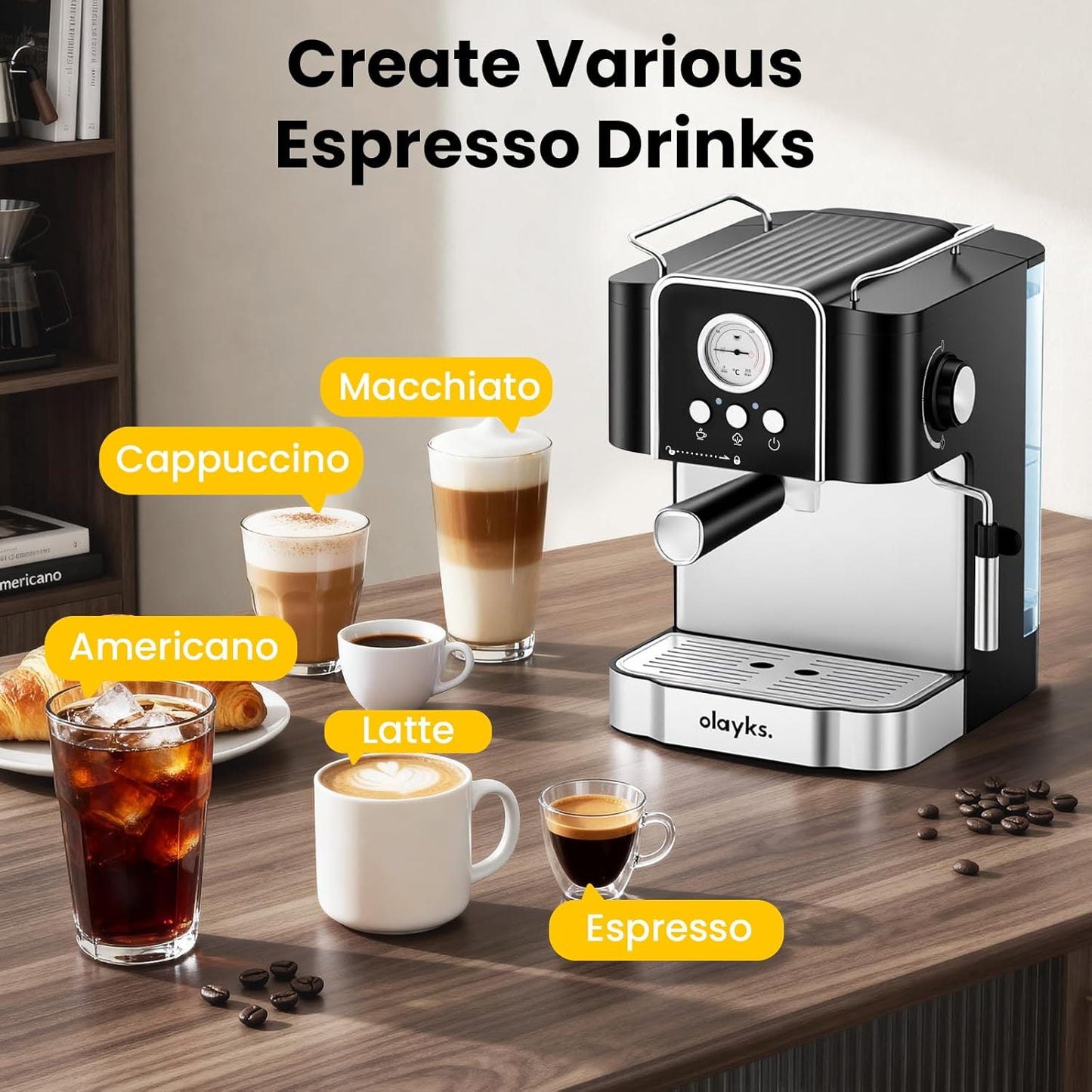 Espresso Machine 20 Bar, Professtional Espresso Coffee Maker with Milk Frother Steam Wand for Latte, Cappuccino, Espresso Maker with 1.8L Removable Water Tank, Gift for Dad or Mom