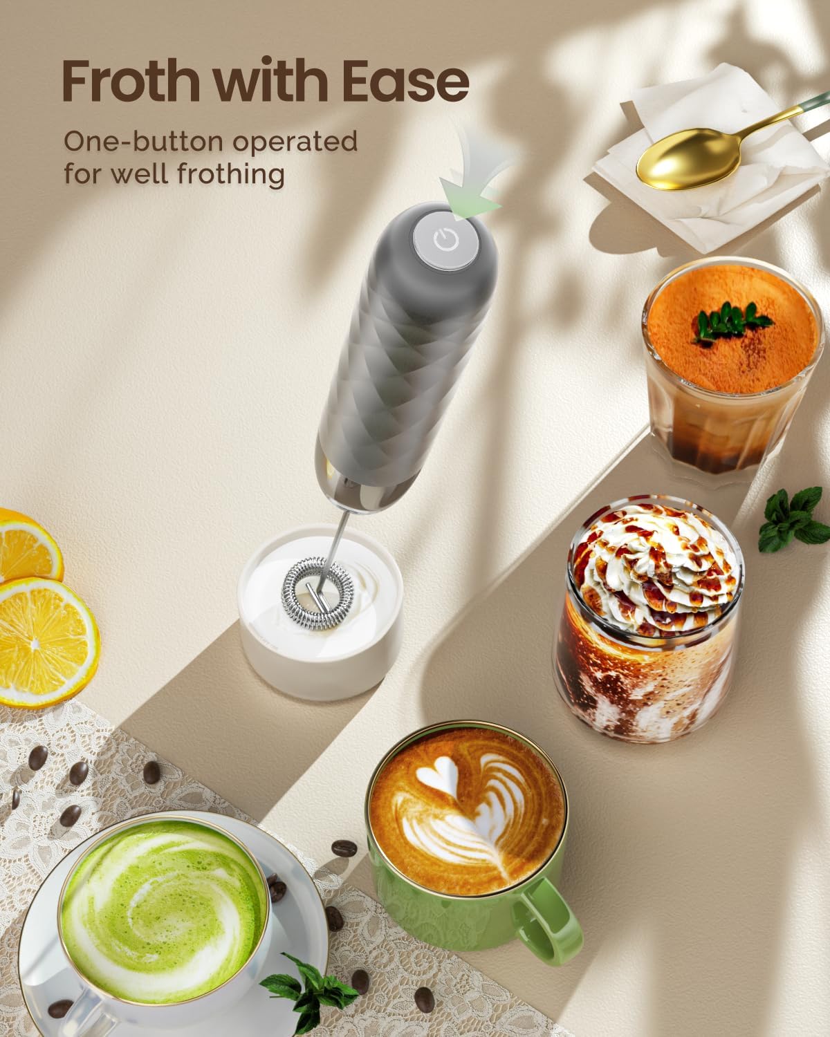 Maestri House Rechargeable Milk Frother, Handheld Electric Foam Maker Detachable Stainless Steel Whisk Drink Mixer Foamer Mini Blender for Matcha, Lattes, Cappuccino, No Stand (Medium Gray and Silver)