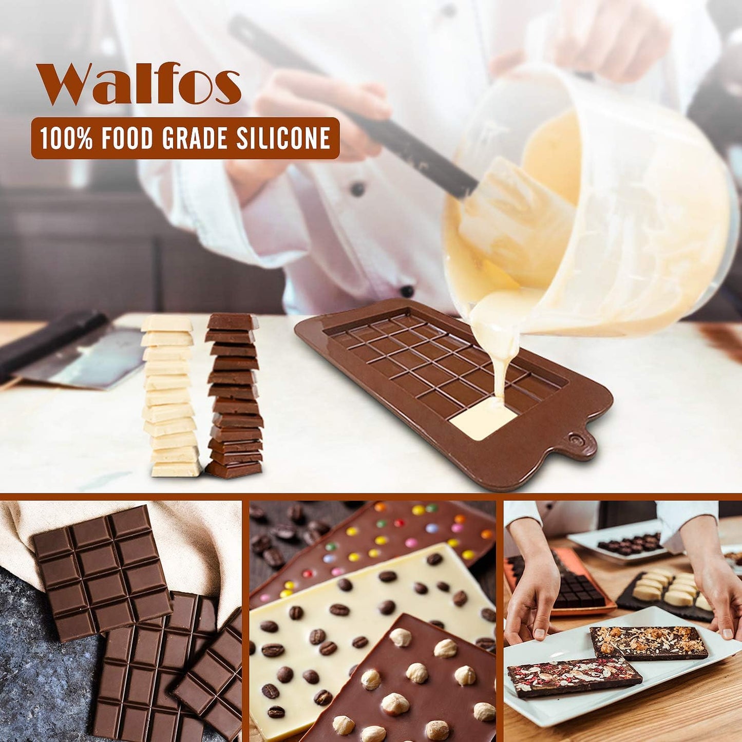 Walfos Break-Apart Chocolate Molds, Non-Stick Silicone Chocolate Bar Mold, Food Grade Candy Bar Mold, Perfect for Energy