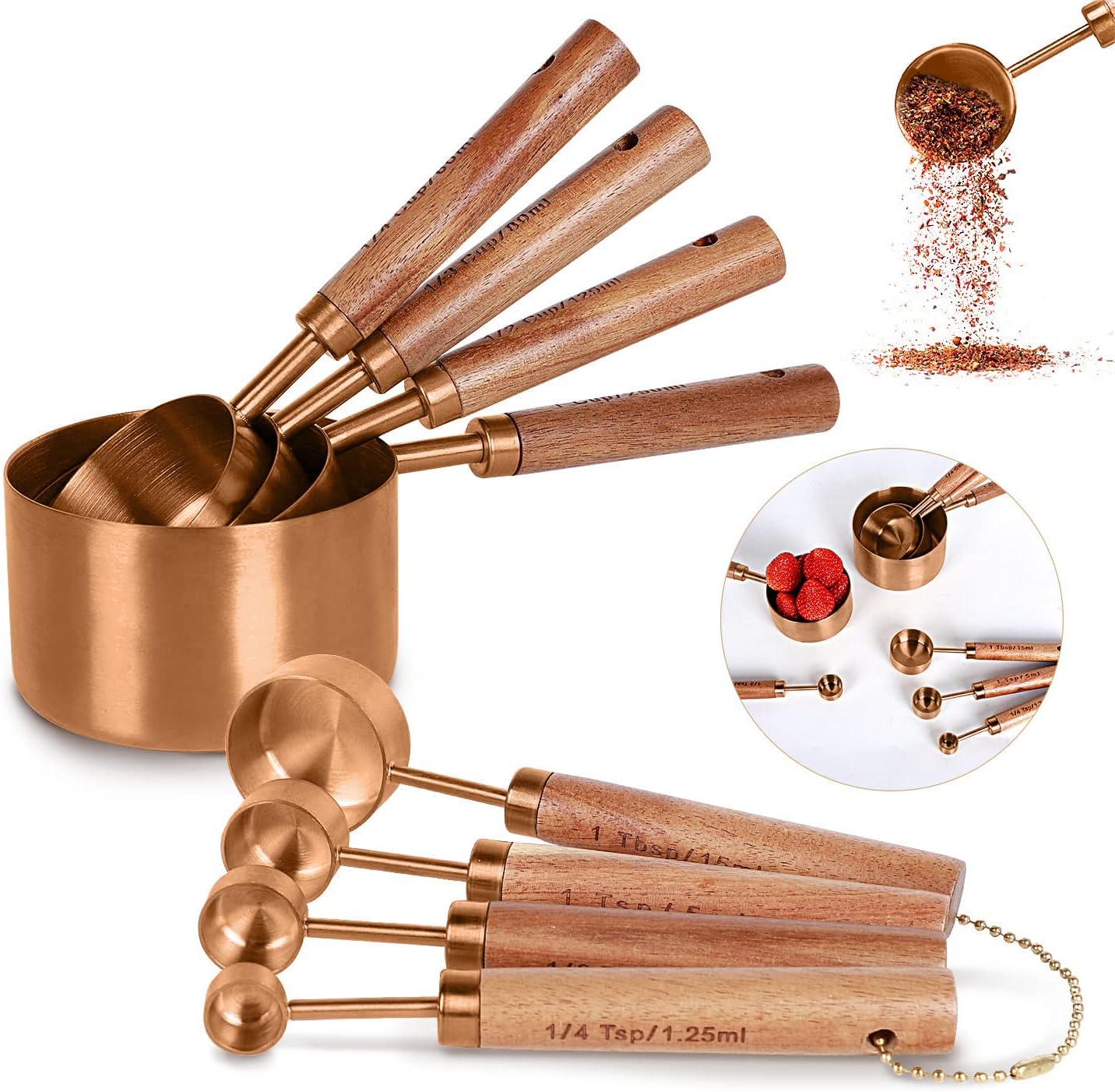 Collection 8 Piece Rose Gold Measuring Cups Set and Measuring Spoons, Golden With fragrant wood Hand