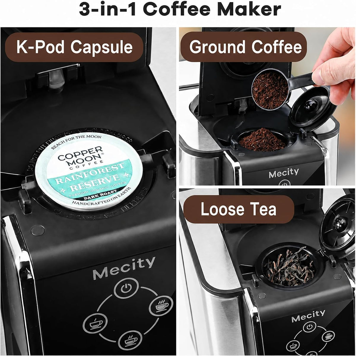 Mecity Coffee Maker 3 in 1 Single Serve Coffee Machine, Compatible with K cup Capsules, Instant Coffee Pot, Tea maker, 6,8,10 Oz Cup, Removable 50 Oz Water Reservoir, 120V 1150W