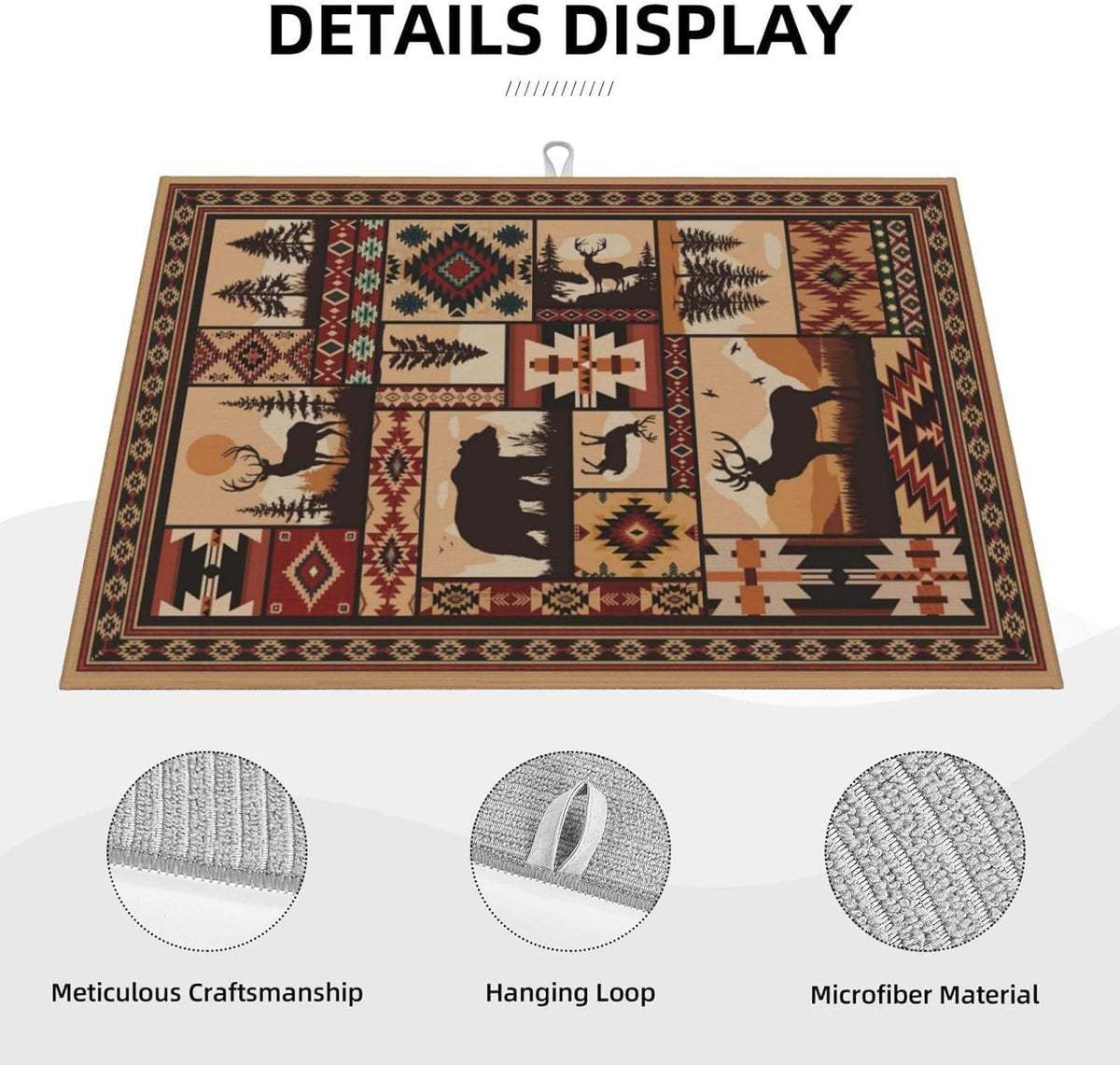 Western Wildlife Geometric Dish Drying Mat for Kitchen Counter, Absorbent Microfiber Washable Drying Pad for Dishes, Absorption, Foldable, Decorative Rustic Kitchen Mat for Sink, Home Decor, 18" x 24"