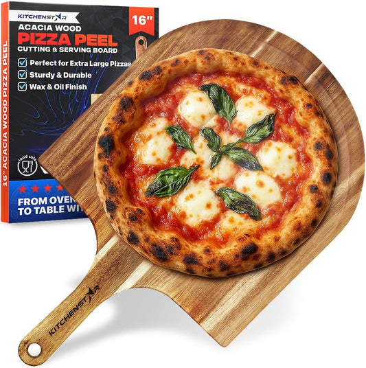 KitchenStar 16-Inch Acacia Wood Pizza Peel – Extra Large Wooden Cutting & Serving Board with Handle – Natural Oil Finish –