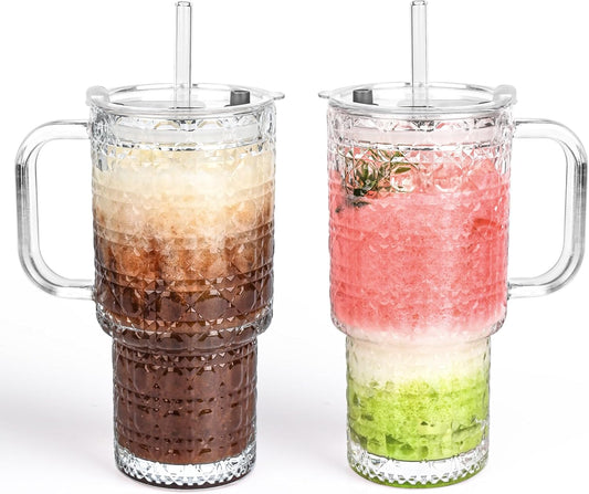 2 Pack 18oz Vintage Glass Cups With Handle, Iced Coffee Cups With Lid And Straw, Thicked Wall Glass Tumbler For Water,