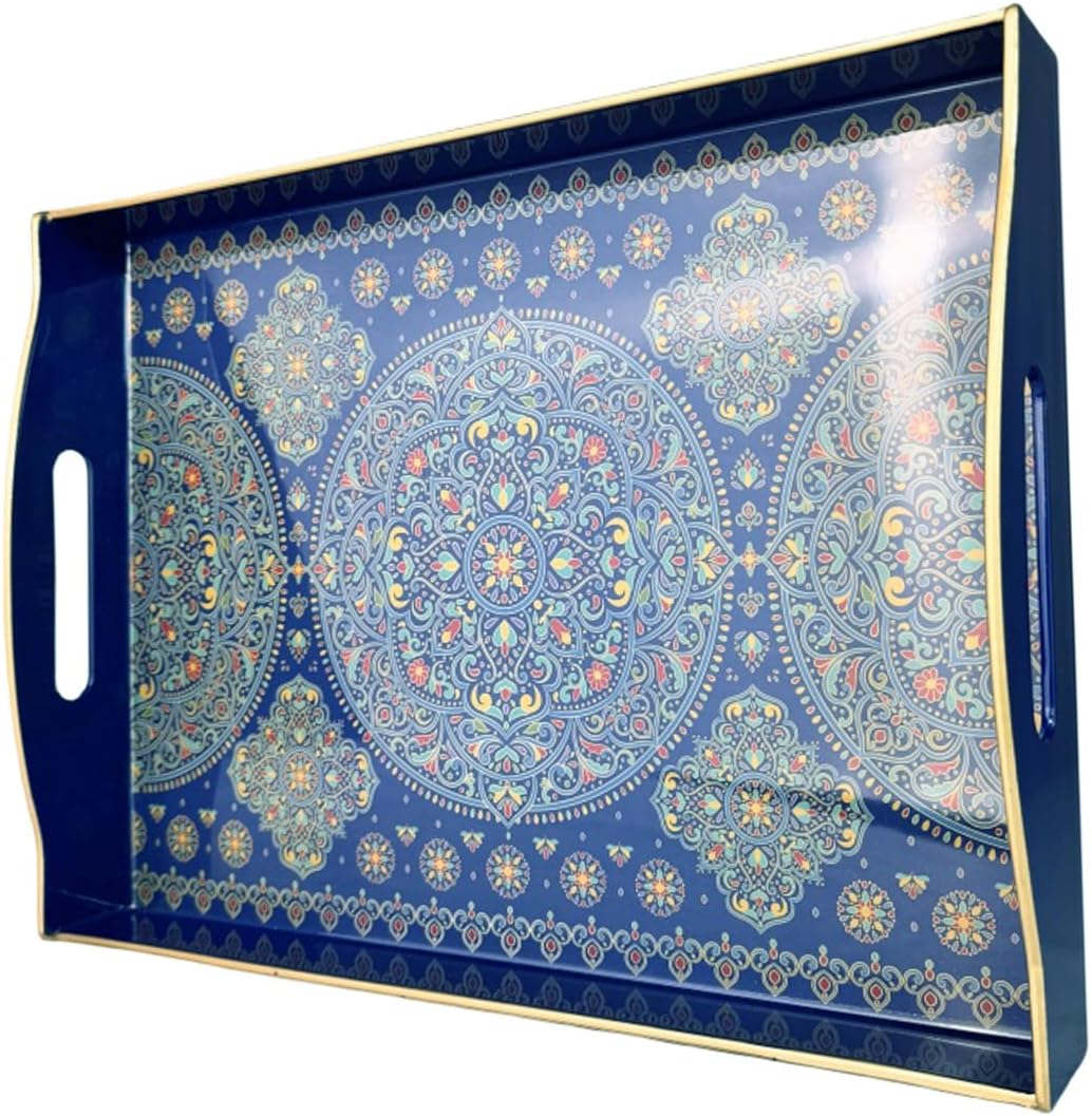 Boho Blue Decorative Tray, Serving Tray with Handles, Plastic Tray for Coffee Table, Ottoman - Ideal for Living Room &amp; Bathroom. 15” x 11” x 2.5”