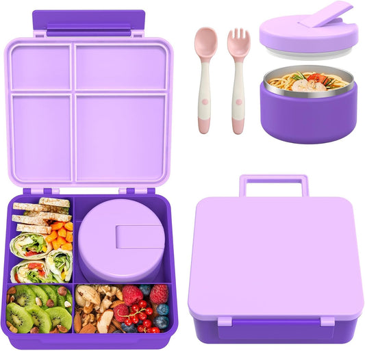 Bento Lunch Box with 8oz Soup Thermo, Kids Leakproof Lunch Food Containers with 4 Compartment, Kids Thermo Insulated Hot