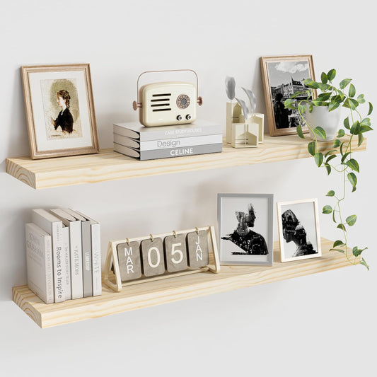 Vivelove Natural Wood Floating Shelves 36”，8 inch Deep Floating Shelf with Invisible Brackets, Unfinished Wall Shelves for
