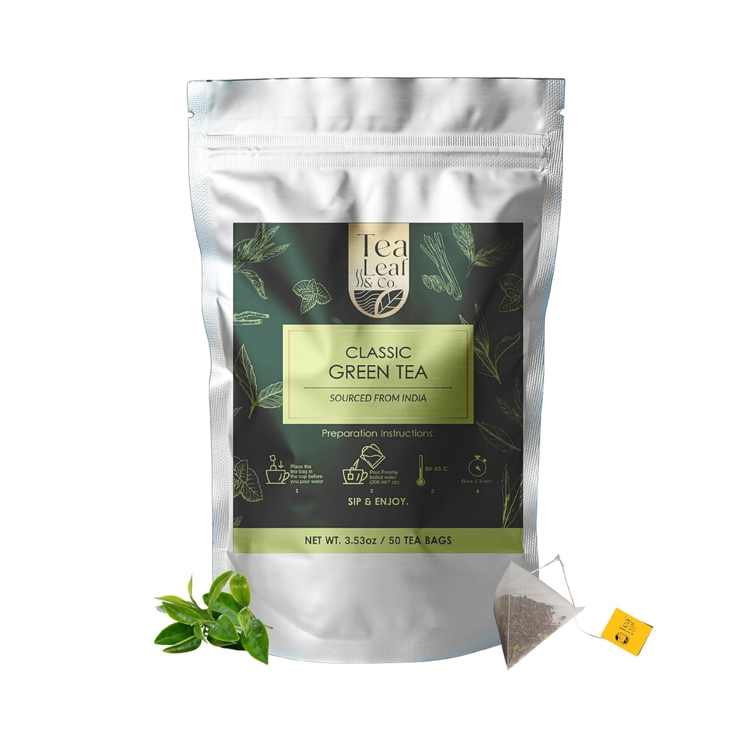 Classic Green Tea (3.5oz / 100gm), Low Caffeine, 50 Pyramid Tea Bags