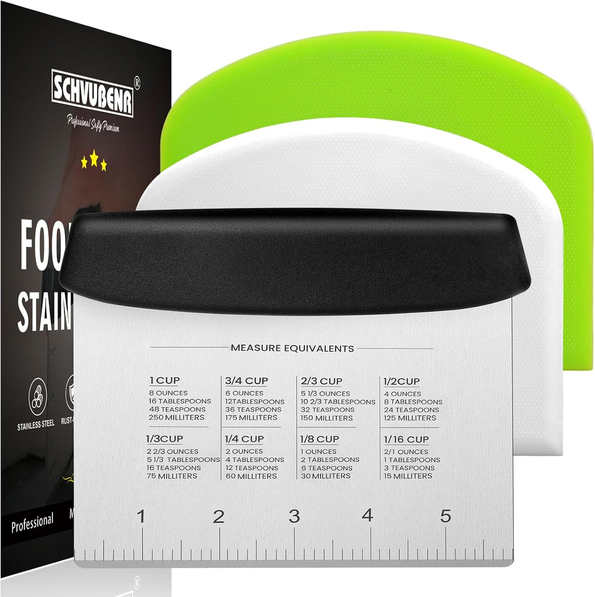 SCHVUBENR Dough Scraper Set with 2 Flexible Bowl Scrapers - Stainless Steel Dough Cutter & Bench Scraper with Measuring Scale