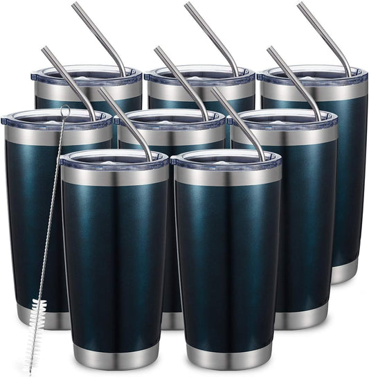 COMOOO 20oz Tumbler 8 Pack Double Wall Vacuum Insulated Travel Mug, Stainless Steel Tumbler Bulk with Lid and Straw, Durable
