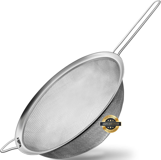 Walfos 9.5 Inch Large Fine Mesh Strainer, Stainless Steel 30 Mesh Sieve with Sturdy Handle, Kitchen Food Strainers Sifters