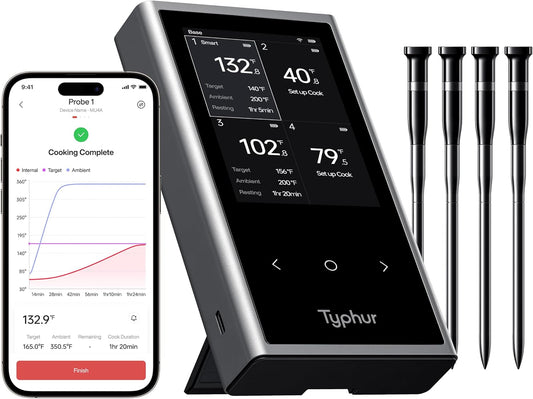 Sync Wireless Meat Thermometer Quad | 4 Probes | 6 Sensors | LCD Display | WiFi and Bluetooth 5.3 | Improved Stability and