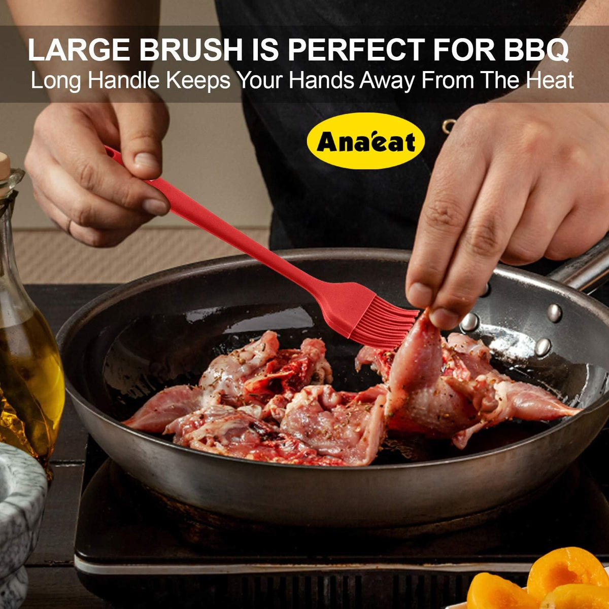 Anaeat High Heat Resistant Silicone Basting Pastry Brush Set of 3- Hygienic One-Pieces Design Spread Oil Butter for BBQ Grill Barbecue Baking Kitchen Cooking - BPA Free &amp; Dishwasher Safe (10"+8.2")