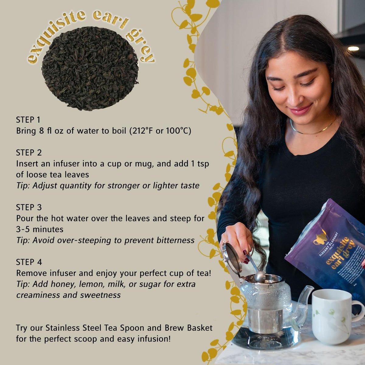 Earl Grey Tea, Organic Loose Leaf Black Tea – Classic Bergamot &amp; Citrus Flavor – Boost Clarity &amp; Wellness – Drink Hot or Iced – 4 oz Resealable Bag (Makes 50 Cups) – The Elegant Elephant