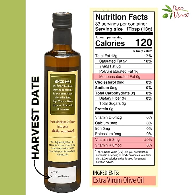 Papa Vince Olive Oil Extra Virgin - First Cold Press Family Harvest 2024/25, Polyphenol Rich, Subtle Peppery Finish, Unrefined, High in Monounsaturated Fat, No Pesticides, No GMO, Sicily, Italy
