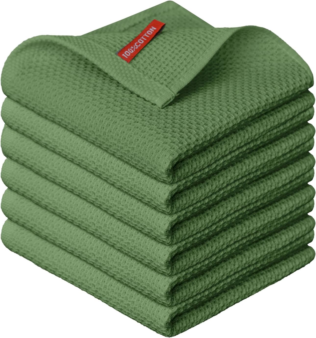 Artoid Mode 100% Cotton Olive Green Waffle Weave Kitchen Dish Cloths, 12x12 Inch Ultra Soft Absorben