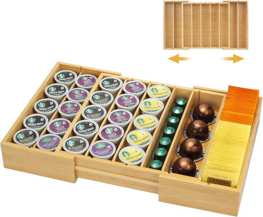 MinBoo Bamboo K Cup Holder for Drawer or Countertop Coffee Pod Holder Expandable K Cup Pod Storage Tea bag organizer K Cup